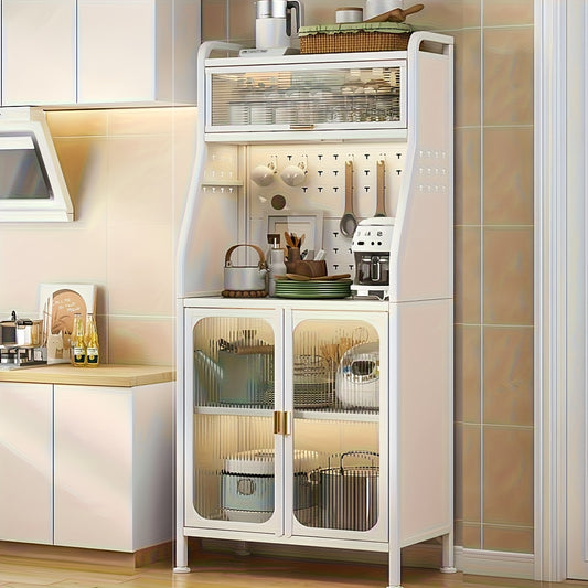 Tall White Vintage Wood Kitchen Hutch Cabinet with Microwave Stand & Adjustable Shelves - Freestanding Pantry Storage with Glass Doors, Wine Rack, Wheeled Floor-Standing Furniture for Dining Room & Kitchen Organization (Maple