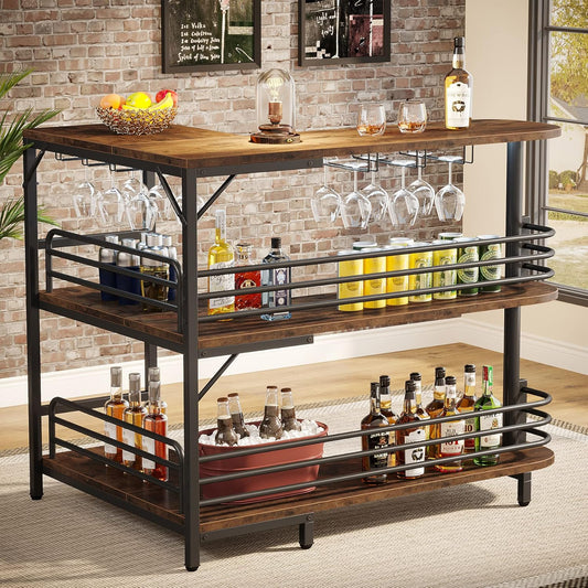 Tribesigns Bar Table, L Shape, Bistro Table, Spirits, 3 Levels, with Bottle Rack and Cup Holder, Kitchen Table, Corner Table for Living Room, Kitchen, Brown, Rustic