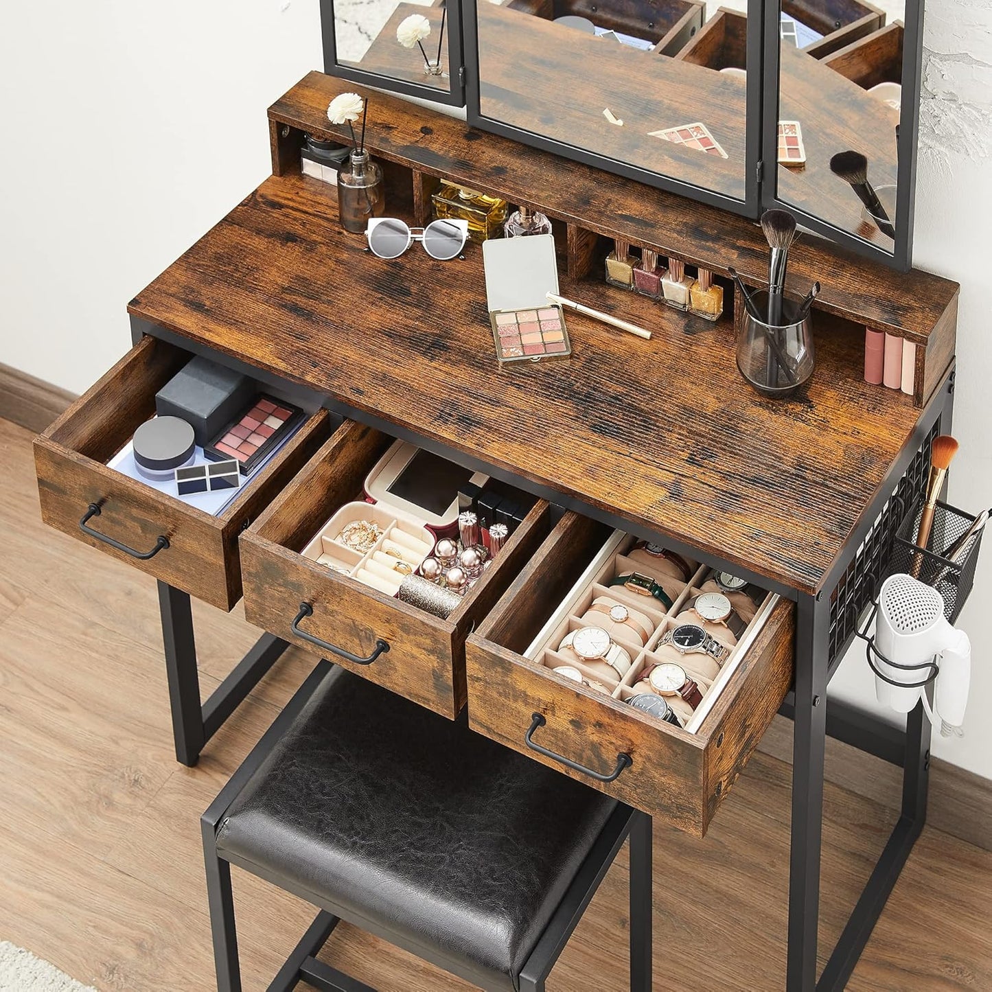 Kaptafel - met kruk en opklapbare spiegel - Cosmeticatafel - Damestafel - Hout - Bruin/Zwart - QUORE