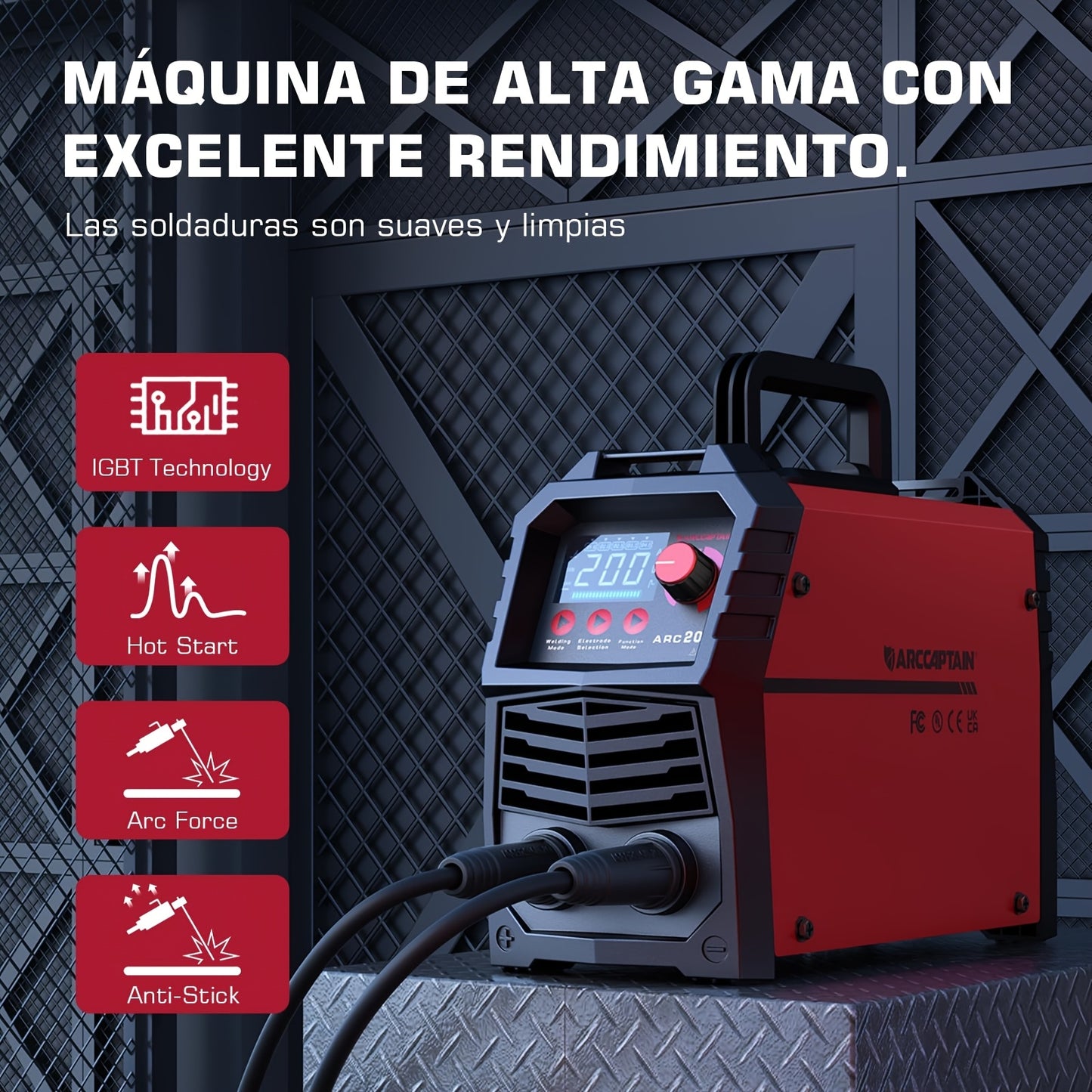 ARCCAPTAIN Heavy-Duty 200A ARC/TIG/MMA Welding Machine with Large LED Display, Synergic Control & IGBT Inverter - Portable Welder with Hot Start, Arc Force & Anti-Stick Function, Overload & Overheat, 220-240V (Global Voltage)