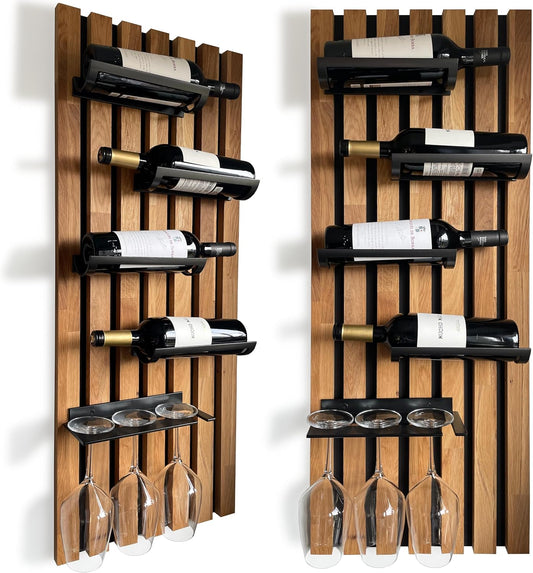 FLEXISTYLE Wine Racks Wood Bottle Holder Black Wall Wall Mounted Kitchen Metal Wood 40cm Wide Large (98x40 4 Bottles & Glasses) - QUORE