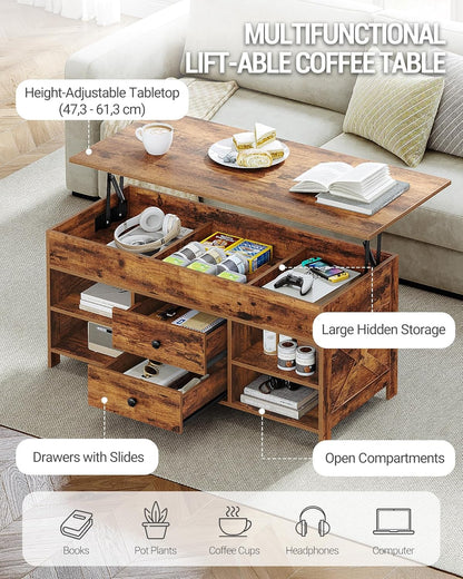 Hzuaneri Coffee Table, Height Adjustable Coffee Table, 2 Drawers and Hidden Storage with Folding Top, 50 x 100 x 47.3 cm, Suitable for Living Room, Dining Room, Vintage Brown-Black CT22101B