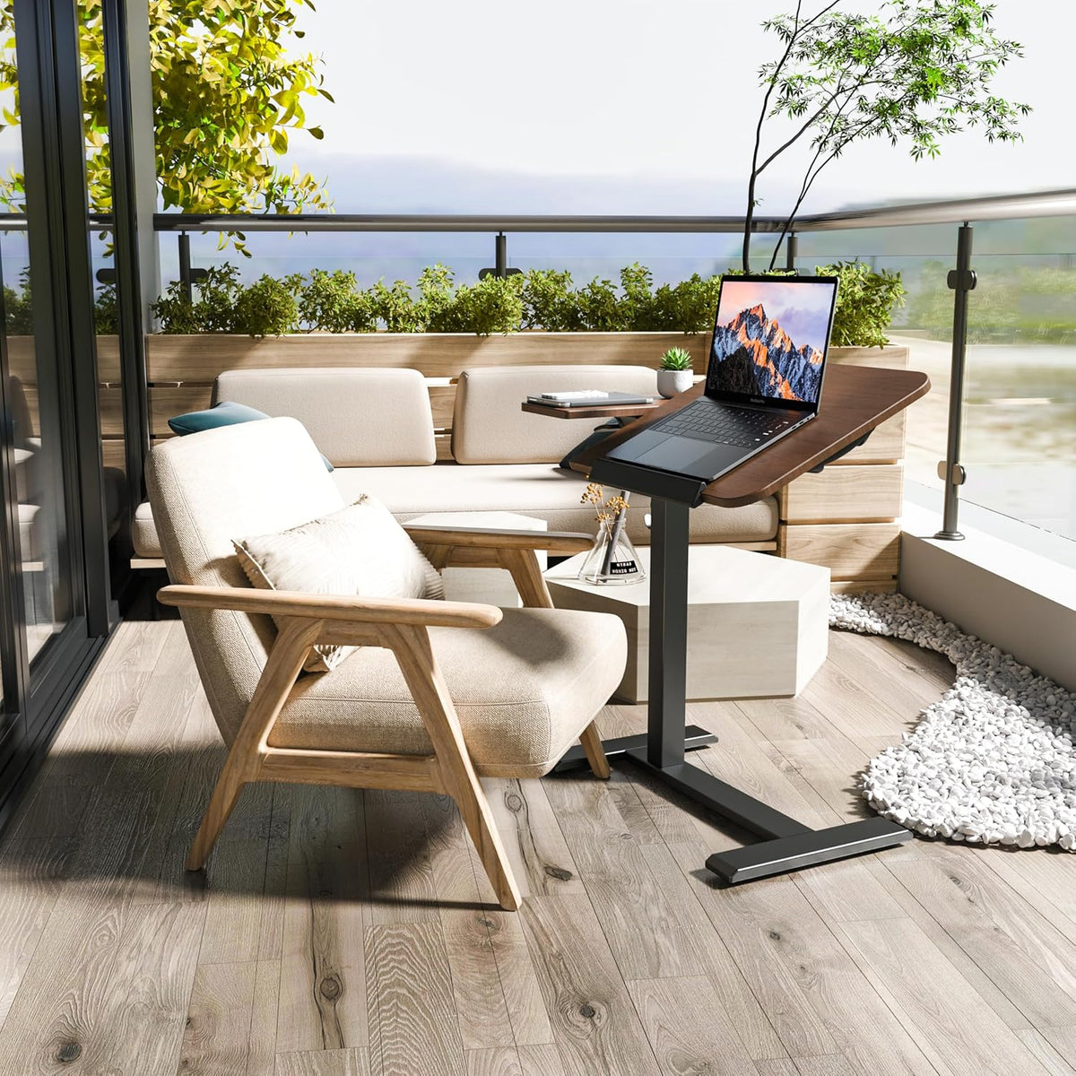 ETHU Overbedtafel met in hoogte verstelbaar, 67-101 cm pneumatische lift mobiel bureau met wielen, 20 kg laadvermogen, rollend laptopbureau voor nachtkastje, bank en thuiskantoor (donkerbruin)