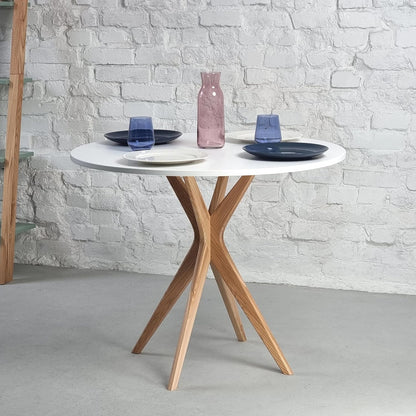 Ronde Eettafel – Ronde Tafel – Kleine Eettafel – Eettafel Met Zuilpoot – Compacte Eettafel – Diameter 80 cm – Massief Eikenhout Beige Bruin