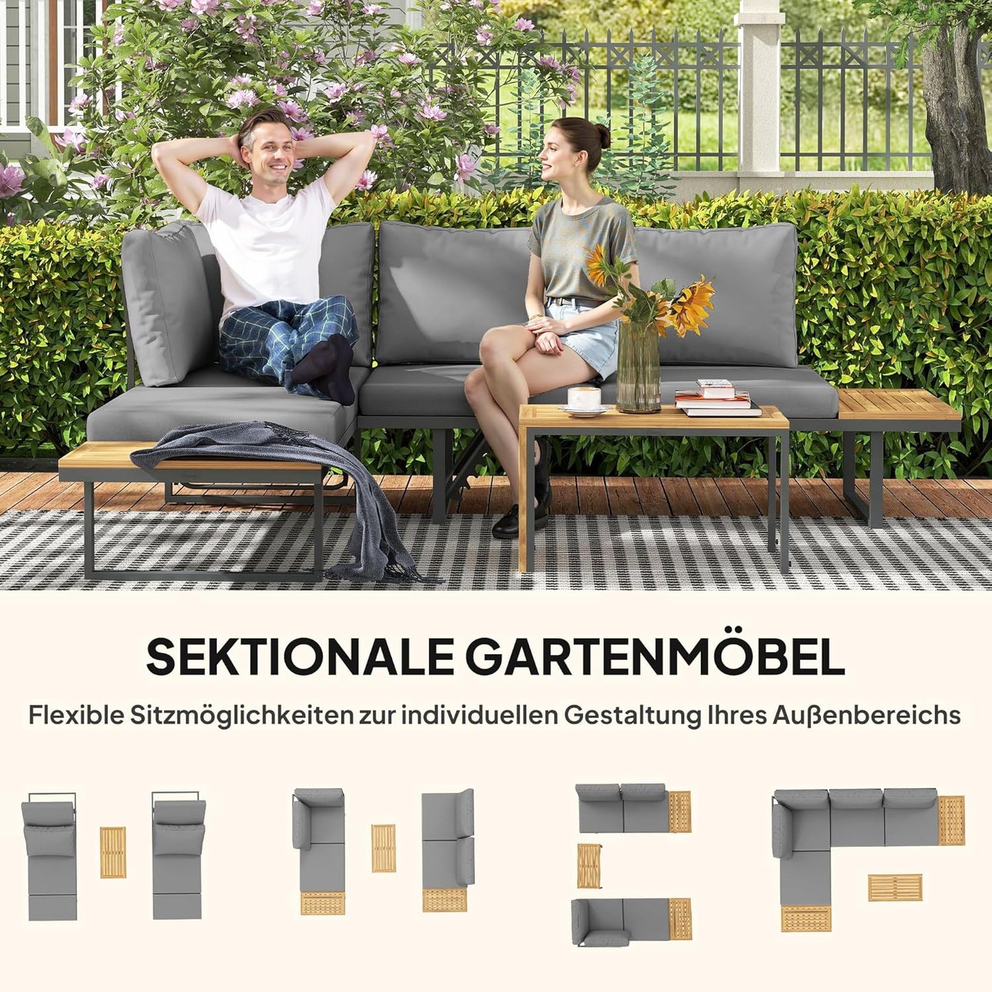 Outsunny Akazienholz Gartenmöbel Set 6 Persons L-Förmig Gartenlounge mit Eckbank verstellbar Rückenlehne Beistelltisch Kissen Balkonmöbel-Set Outdoor Sitzgruppe für Garten Terrasse Balcony Hellgrau - QUORE