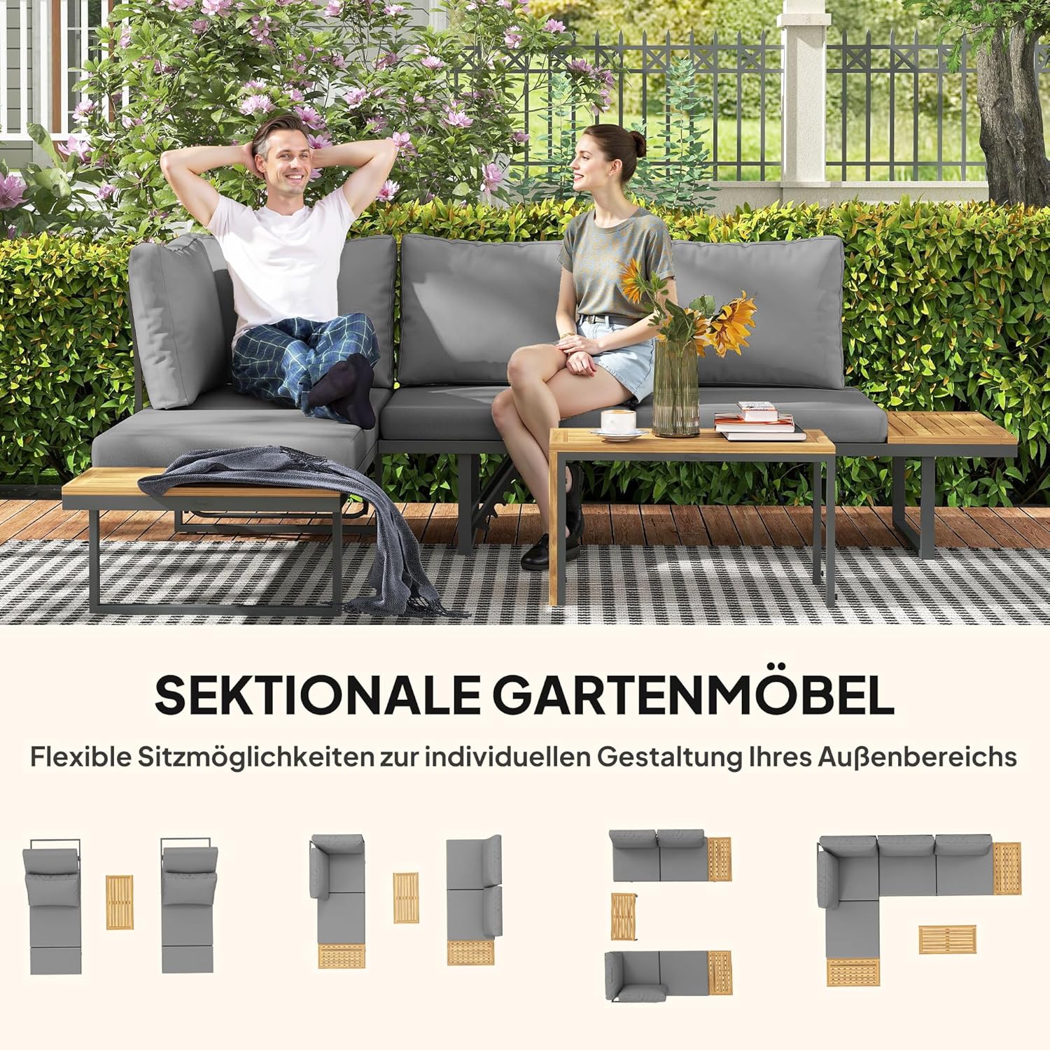 Outsunny Akazienholz Gartenmöbel Set 6 Persons L-Förmig Gartenlounge mit Eckbank verstellbar Rückenlehne Beistelltisch Kissen Balkonmöbel-Set Outdoor Sitzgruppe für Garten Terrasse Balcony Hellgrau - QUORE