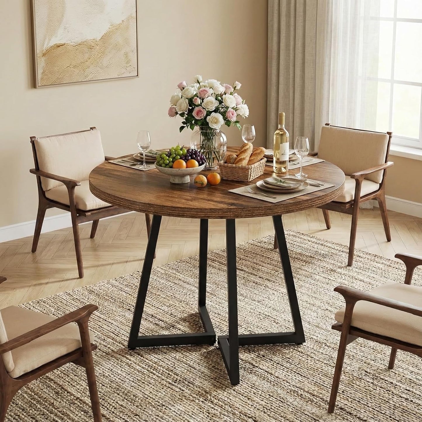 Eettafel Rond – Eetkamertafel Rond – Industrieel Tafeltje – Dining Table – Compacte Tafel – 80x80 cm – Met Zwart Metalen Onderstel