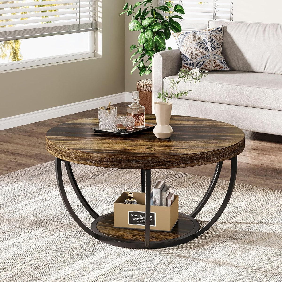 Tribesigns Round Coffee Table, Industrial 2 Tier Circle Coffee Table with Storage Shelves, Modern Wooden Accent Center Table Sofa Side Table for Living Room, Rustic Brown and Black