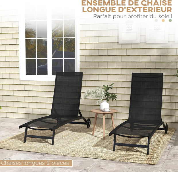 Ligstoel - Tuinligstoel - Set van 2 - Ligbed - met Wielen - Verstelbaar Rugleuning - Weerbestendig - voor Tuin - Zwembad - Strand - Aluminium - Textiel - 66 x 165 x 102 cm - Zwart