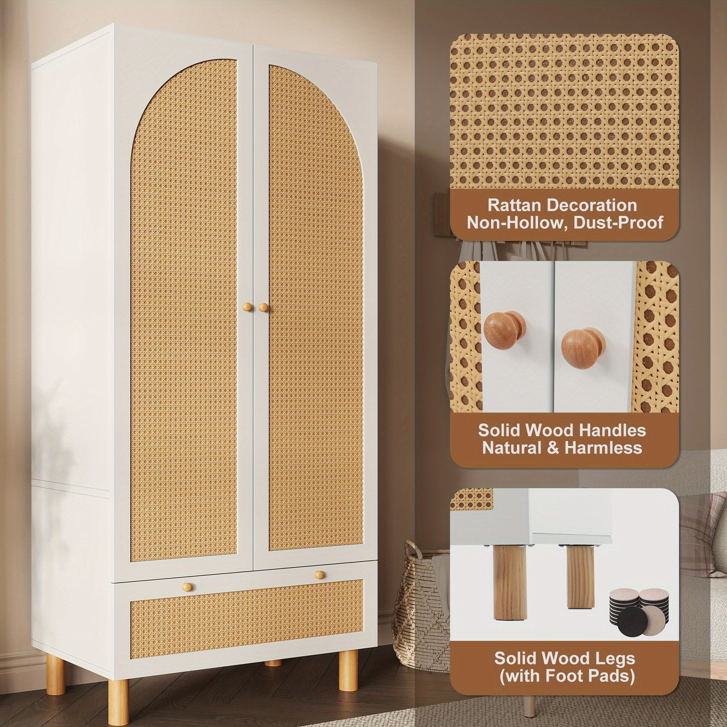 Kastenunit – Opbergkast – Kabinet – Dressoir – Ladekast – Tegen Kantelen – Verstelbare Planken – Rieten Deuren – Vrijstaand – Wit Houtkleur