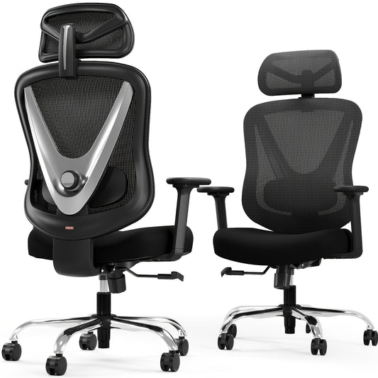 Ergonomische Bureaustoel – Bureaustoel Ergonomisch – Mesh Office Chair – Werkstoel – Gaming Stoel – 4D Verstelbare Armleuningen – 3D Lendensteun en Flexibele Hoofdsteun – Zwart Zilverkleurig