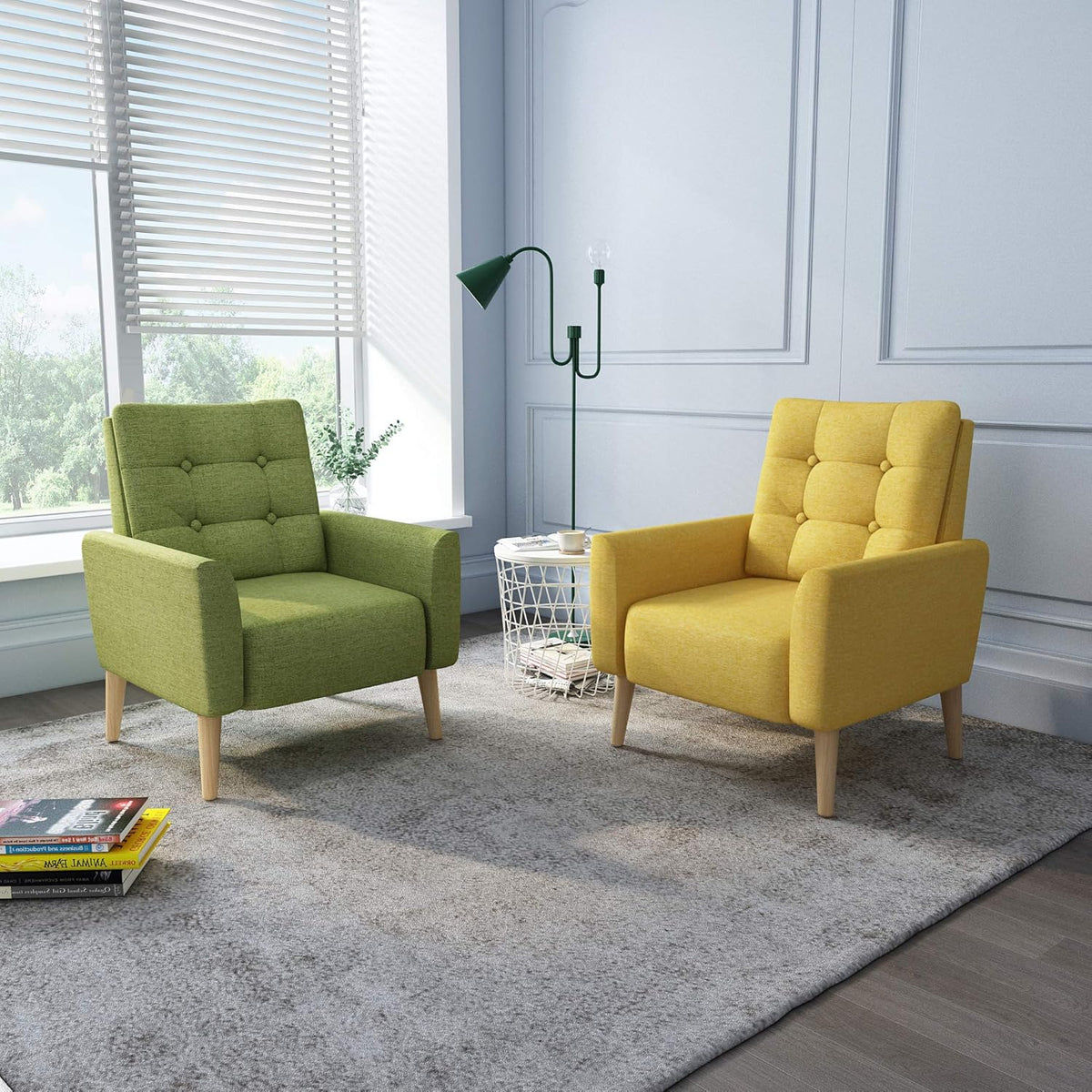 Meerveil Fauteuil bank, massief houten poten, moderne badstoel voor slaapkamer, woonkamer, balkon, kantoor, 72 x 72 x 81 cm, geel