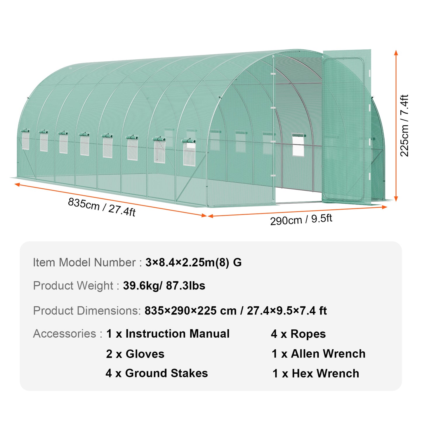 Tunnelkas Walk-in Kas – Serre – Kweektunnel – Groentetent – 8,5x3x2,3 Meter – Gegalvaniseerd Stalen Frame – 140g/m² Waterdichte PE Kasfolie