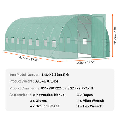 Tunnelkas Walk-in Kas – Serre – Kweektunnel – Groentetent – 8,5x3x2,3 Meter – Gegalvaniseerd Stalen Frame – 140g/m² Waterdichte PE Kasfolie