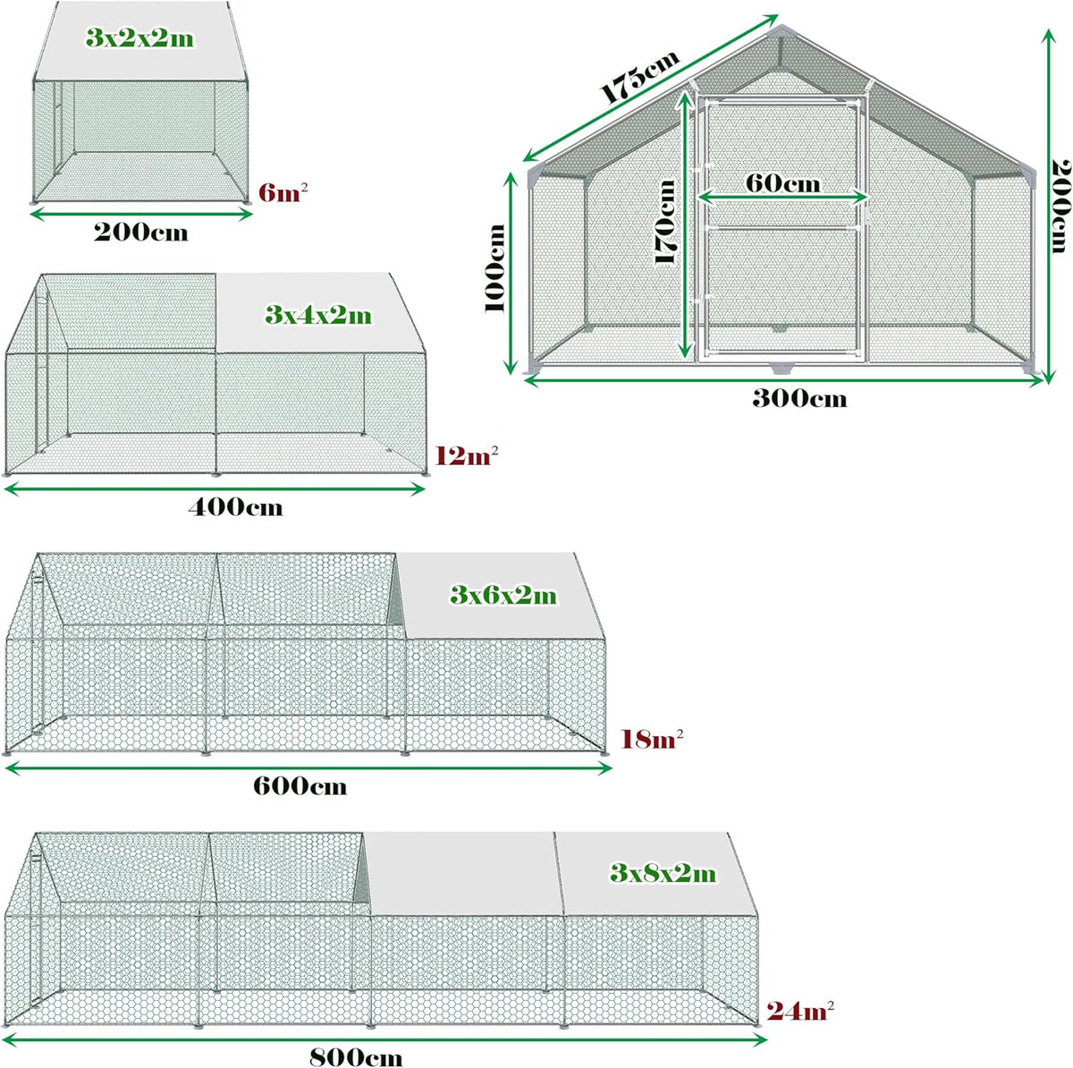 Free Running House, 3 x 4 x 2 m, Aviary, Chicken Coop, Metal, 12 m², Poultry Cages with Sun Protection, Roof, Chicken Fence, Door and Bolt, Freewheel, Chicken Cages, Stable Chicken Coops, for Small