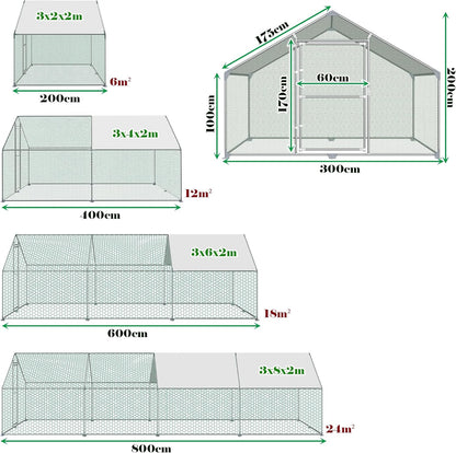 Free Running House, 3 x 4 x 2 m, Aviary, Chicken Coop, Metal, 12 m², Poultry Cages with Sun Protection, Roof, Chicken Fence, Door and Bolt, Freewheel, Chicken Cages, Stable Chicken Coops, for Small