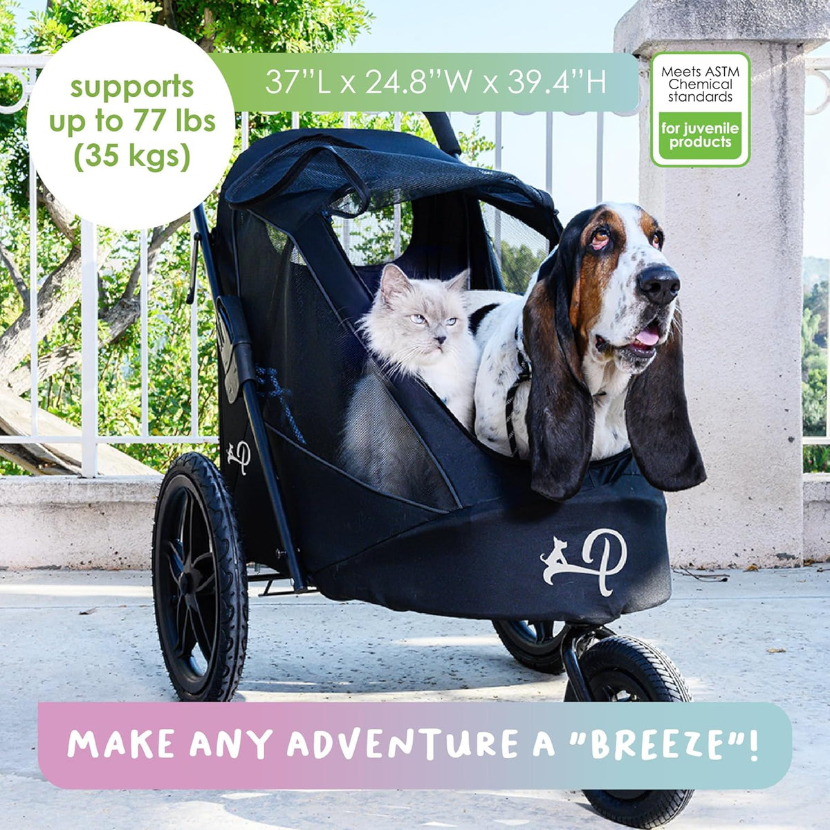 Breeze Black | Luxe hondenfietskar | groot formaat jogger | eenhandig opvouwbaar | luchtbanden | INCL regenhoes | bandenpomp | fietsadapter