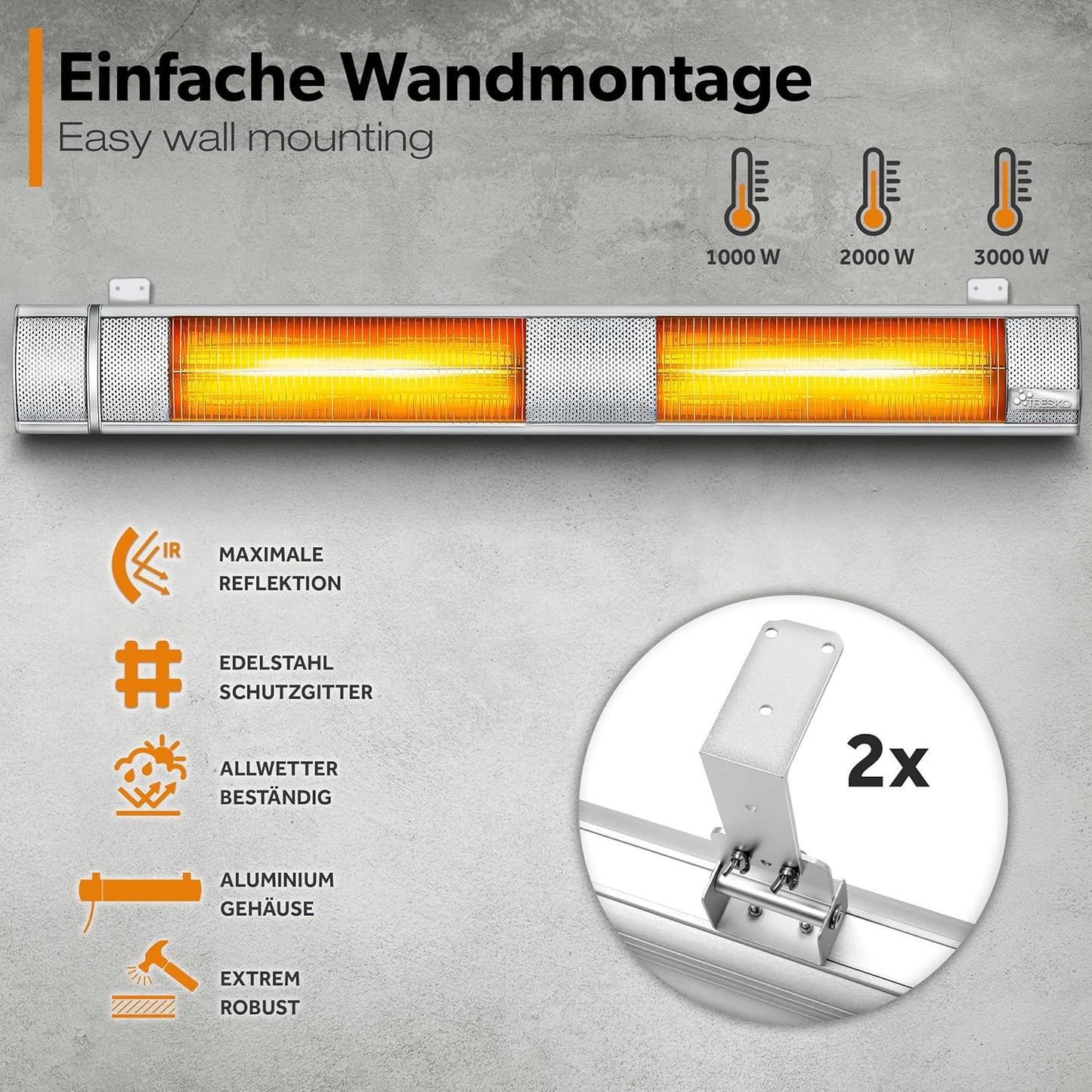 TRESKO infrarood verwarming, 3000 W, met afstandsbediening, elektrisch, voor op het terras, met 3 warmtestanden, terrasverwarming voor binnen en buiten, infrarode wandverwarming, verwarming voor de