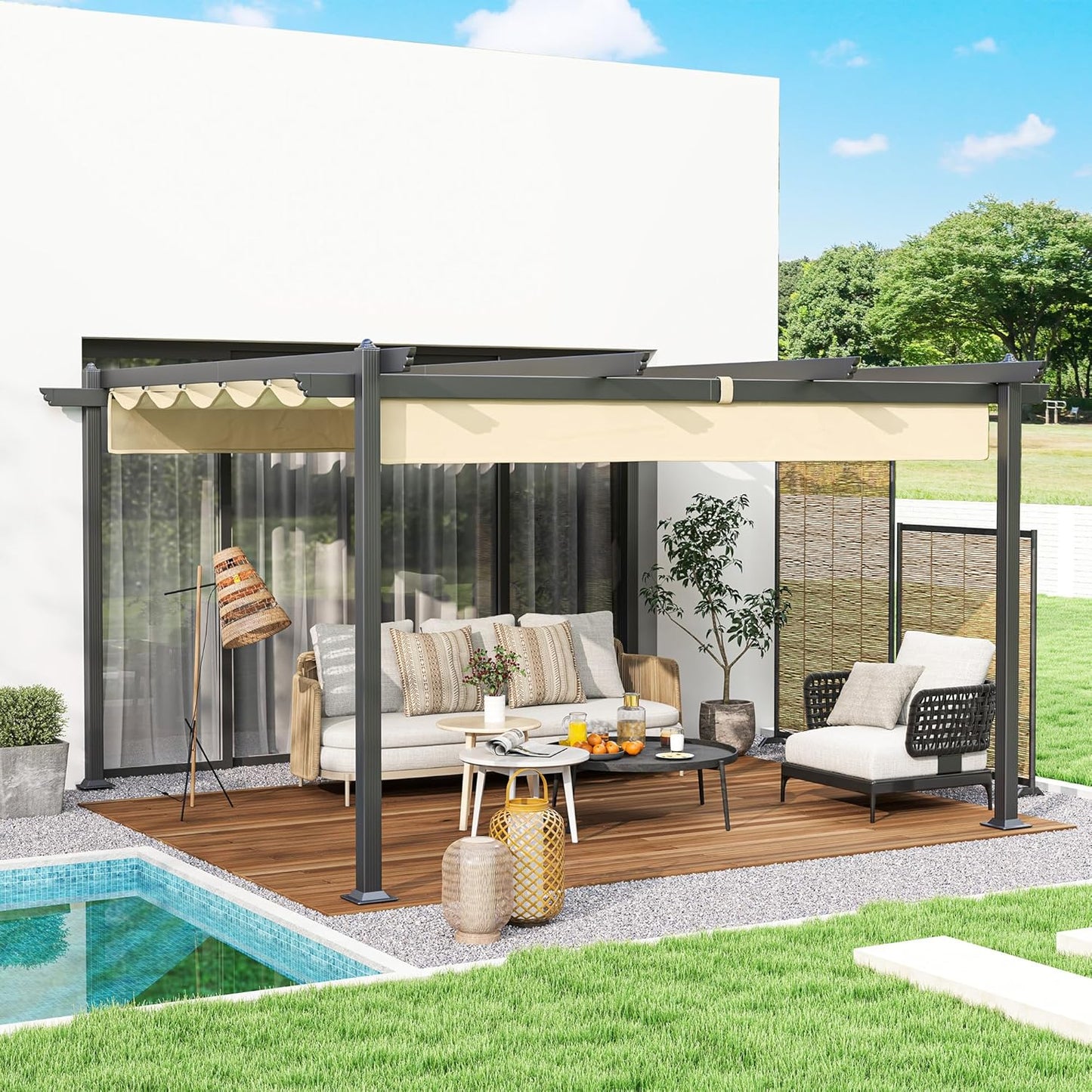 Aluminium Pergola – Tuinpaviljoen – Terrasoverkapping – Schaduwdoek – Buitenluifel – Inschuifbaar Dak – 390x390x223 cm – Roestvrijstalen 80mm Kolommen