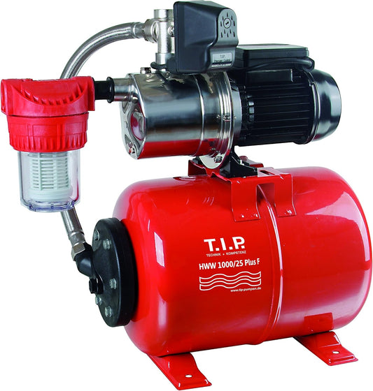 T.I.P. HWW 1000/25 Plus F 31144 Hydrofoorpomp met drukvat met voorfilter, debiet van 3.300 l/u, max. opvoerhoogte/druk van 46 m/4,6 bar, drukschakelaar en manometer, stalen drukvat van 22 l,