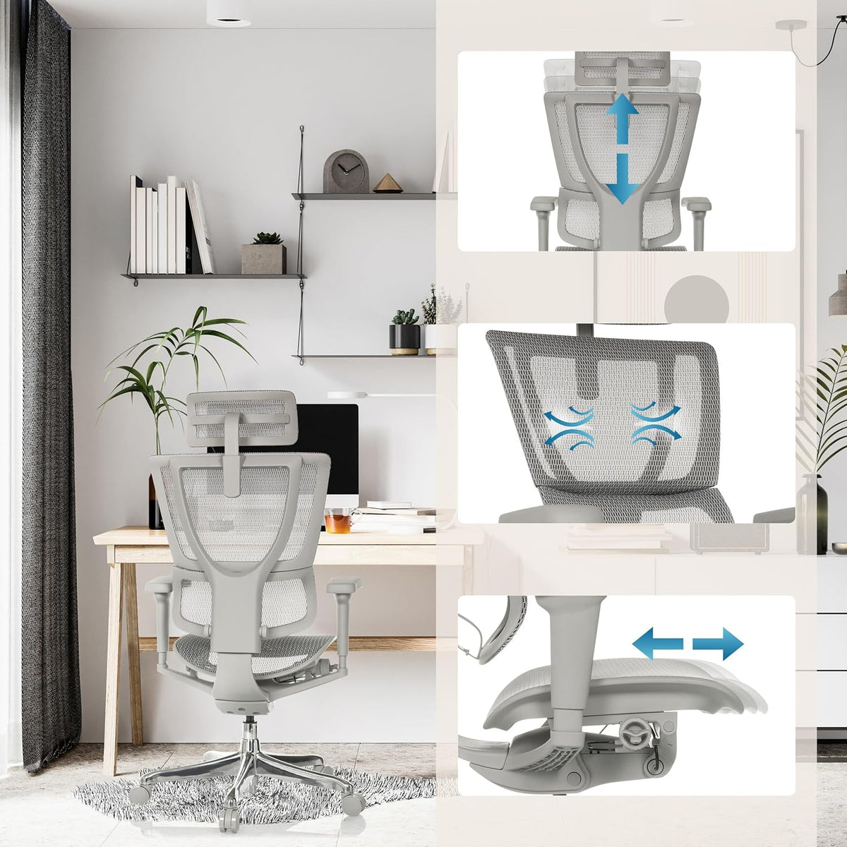 hjh OFFICE Ergonomische Ergohuman Slim Ultra G GEN2 Bureaustoel met flexibele lendensteun, netbespanning, grijs