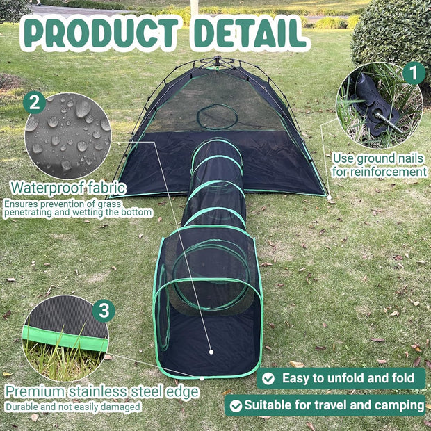 3-in-1 Kattentent - Kattenverblijf - Kattententen - draagbare Catiotent - met 1 Koepeltent - 1 Rechte Tunnel - 1 Kubus - Buitenkattenbox - voor Katten - Konijnen - Andere Dieren - Polyester - Zwart/Groen