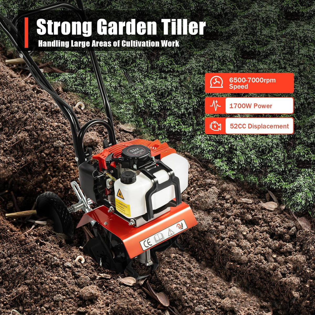 52CC 2-Stroke Garden Tiller, Petrol, 1.9 KW, Field Planter, Garden Cutter, Motor Chopper, 6500-7000 RPM, Petrol Cultivator, Motor Chop, Ground Cutter, Plow Cultivator, Field, Groove Pulling - QUORE