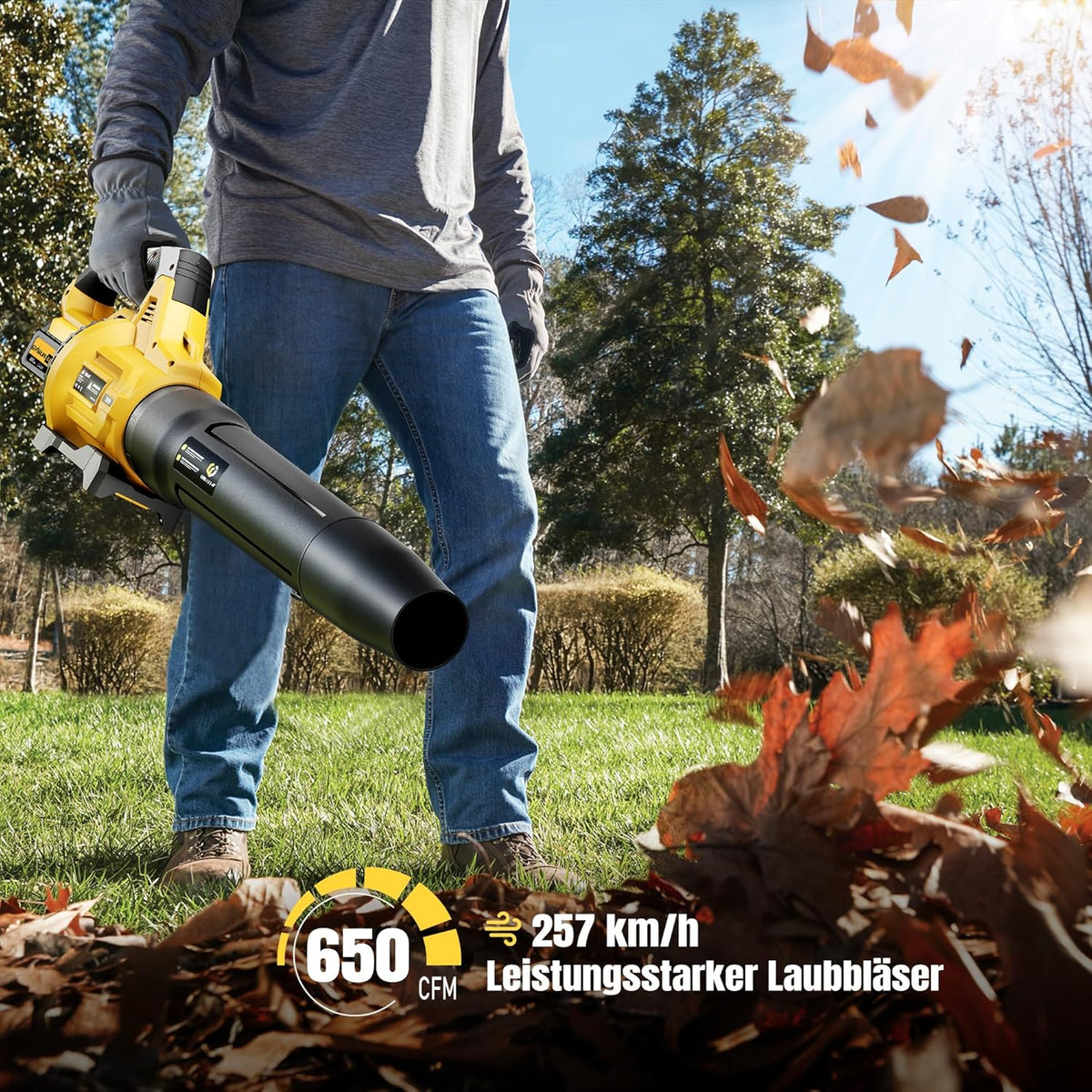 GEVEELIFE Accu-bladblazer, 18 V, 257 km/u, elektrische bladblazer met 3 versnellingen en 2 x 5,2 Ah accu's, draadloze bladblazer voor tuin, bladeren, stof en sneeuw (inclusief batterij), geel