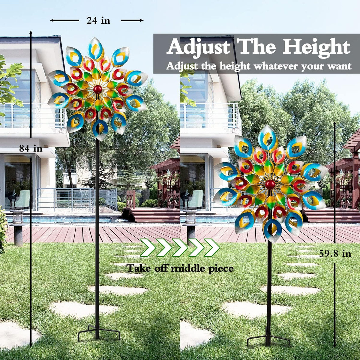 Tuin windspinner, metalen windmolen, grote windsculptuur, outdoor metalen dubbelzijdige windsculptuur en windmolen 20 inch diameter 73 inch hoogte voor buiten, tuin, terras, gazon, tuindecoratie