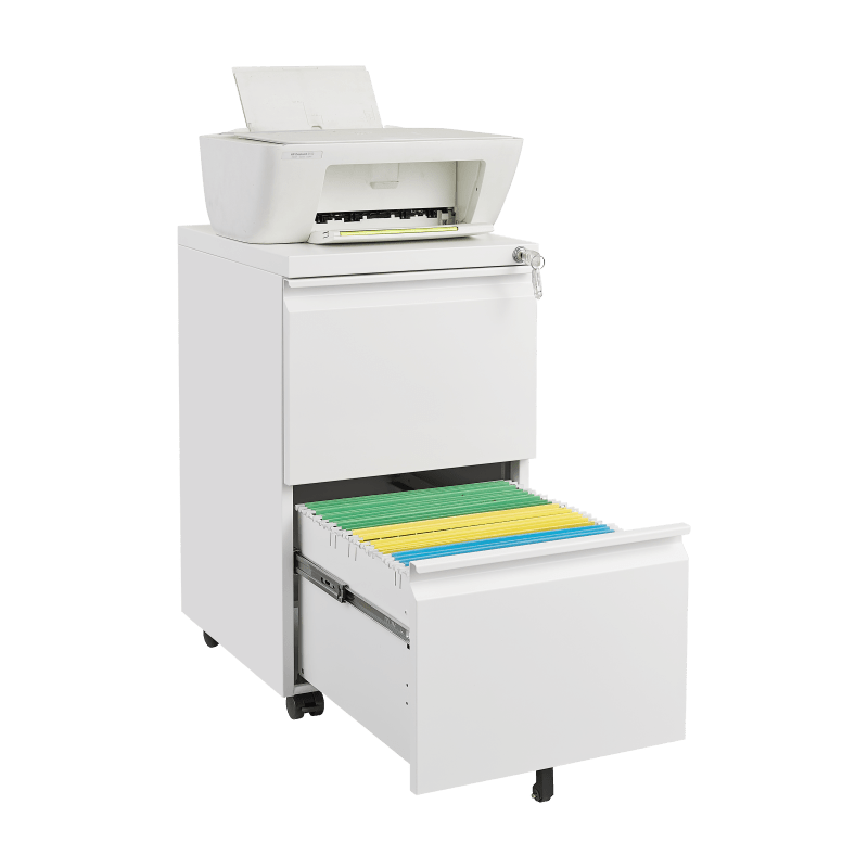 Ladeblok – Archiefkast – Rolcontainer – Ladenkast – Opbergbureau – Mobiel Met Metaal – Met Slot – Onder Bureau – 2 Lades – Wit – Verrijdbaar – Geen Montage