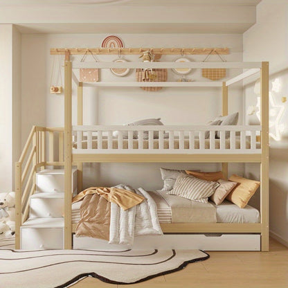Hoogslaper – Loftbed – Stapelbed – Kinderbed – Eenpersoonsbed – Met Veiligheidshekken – Uitschuifbaar Bed – Opberglade – Wit/Naturel – 90x200 cm – Ruimtebesparend Design