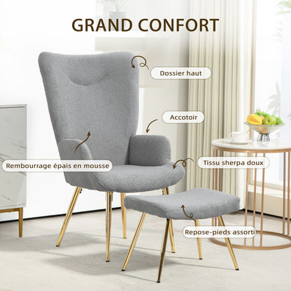 Fauteuil – Lounge Chair – Leunstoel – Relaxstoel – Zitstoel – Met Voetenbank – Ergonomische Hoog Rugleuning – Goudkleurige Metalen Pootjes – Grijs Stof – Modern Design