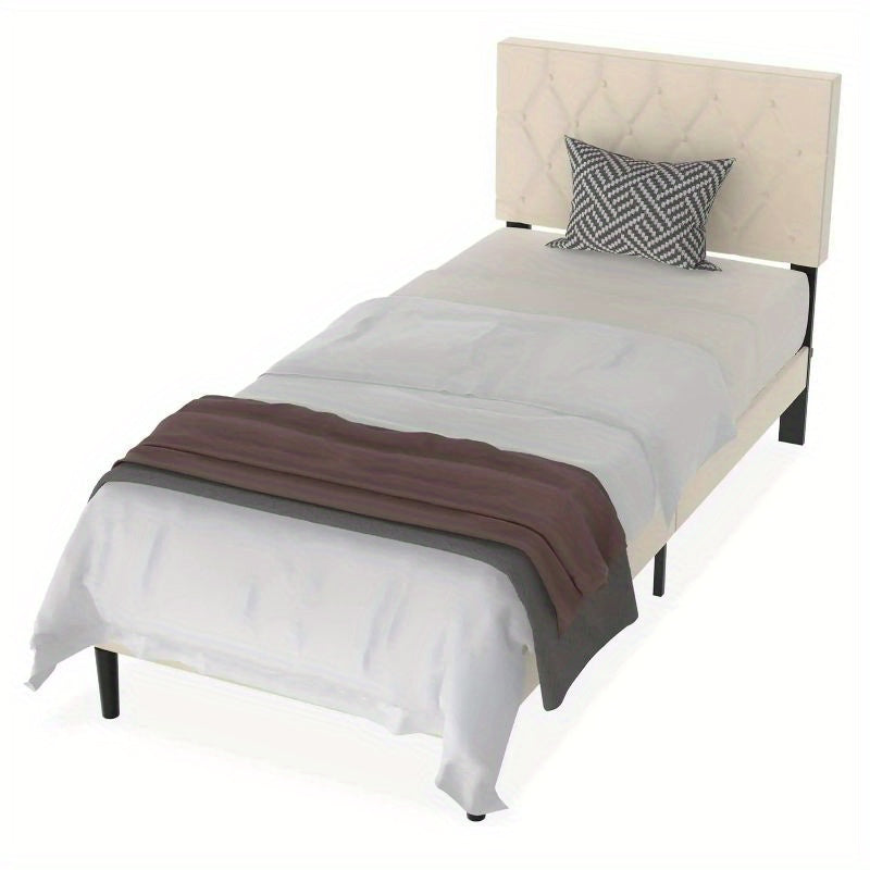 Bedframe 140x200 cm – Eenpersoonsbed – Metalen Bed – Slaapkamerbed – Logeerbed – Met Leren Hoofdbord – Stevig Metalen Frame – Inclusief Lattenbodem