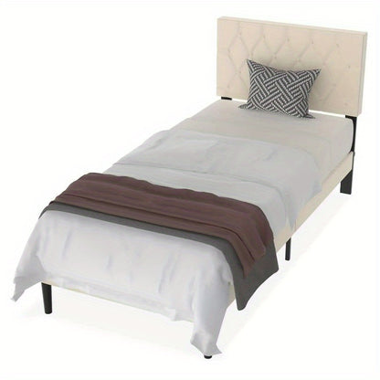 Bedframe 140x200 cm – Eenpersoonsbed – Metalen Bed – Slaapkamerbed – Logeerbed – Met Leren Hoofdbord – Stevig Metalen Frame – Inclusief Lattenbodem