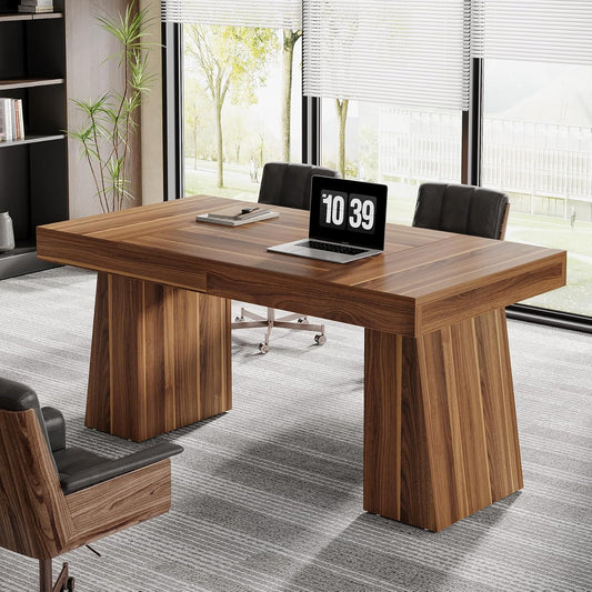 Tribesigns 55 inch Executive Desk, Mid-Century Modern Home Office Desk with Double Trapezoid Base, Wooden Computer Desk Business Workstation Desk Small Conference Table, Brown