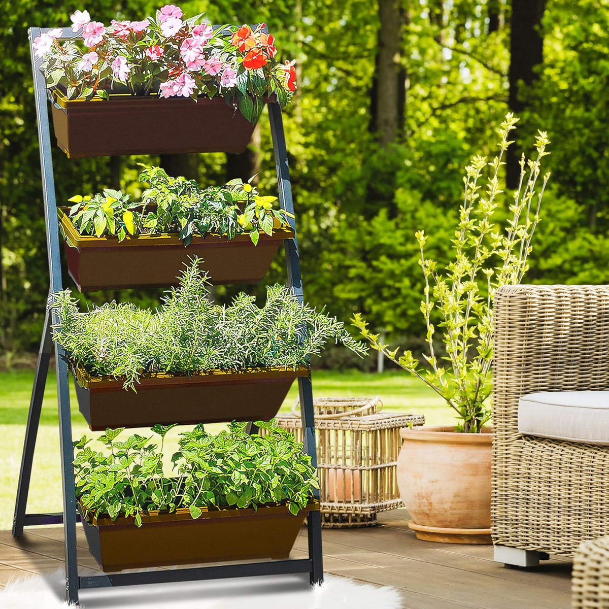 4 meter verhoogd tuinbed - verticale tuin vrijstaande verhoogde plantenbakken 4 containerdozen - goed voor terras, balkon, binnen en buiten - waterafvoer (1-pack/Fernie)