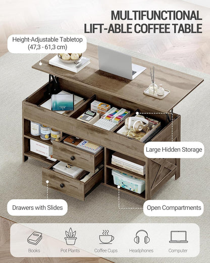Hzuaneri Coffee Table, Height Adjustable Coffee Table, 2 Drawers and Hidden Storage with Folding Top, 50 x 100 x 47.3 cm, Suitable for Living Room, Dining Room, Camel Brown-Black CT22123B
