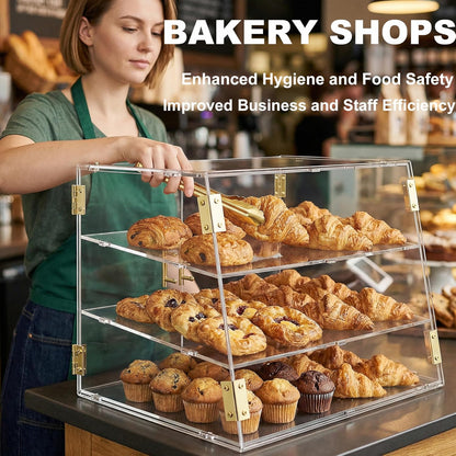 3 Dienblad Aanrecht Bakkerij Vitrine met Elastische Auto-Deur, 53,1 cm x 43,2 cm x 43,2 cm Commerciële Gebak Brood Voedsel Vitrine Opbergdoos voor Donut Taart Bagels Koekje