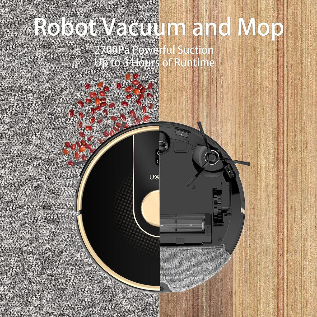 Uoni V980Plus Robotstofzuiger met zelfledigende vuilnisbak, Lidar Navigatie Robotstofzuigers Multi-Floor Mapping 2700Pa Sterke Zuig met No-Go Zones 190 Mins Runtime voor Huisdier Haar (Goud-V980 Set)