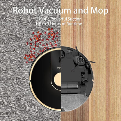 Uoni V980Plus Robotstofzuiger met zelfledigende vuilnisbak, Lidar Navigatie Robotstofzuigers Multi-Floor Mapping 2700Pa Sterke Zuig met No-Go Zones 190 Mins Runtime voor Huisdier Haar (Goud-V980 Set)