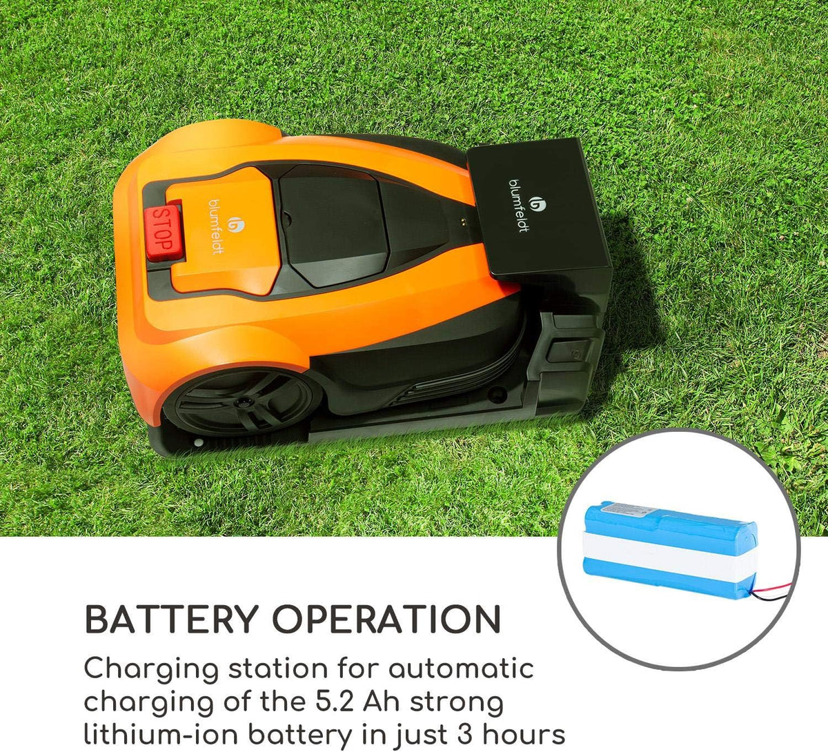 Blumfeldt Garden Hero - robotmaaier, lithium-ion-accu: 5,2 Ah, incl. Laadstation, automatisch opladen, looptijd: tot 180 min., Oppervlakte: tot 1.200 m², beschermingsklasse: IPX4, oranje