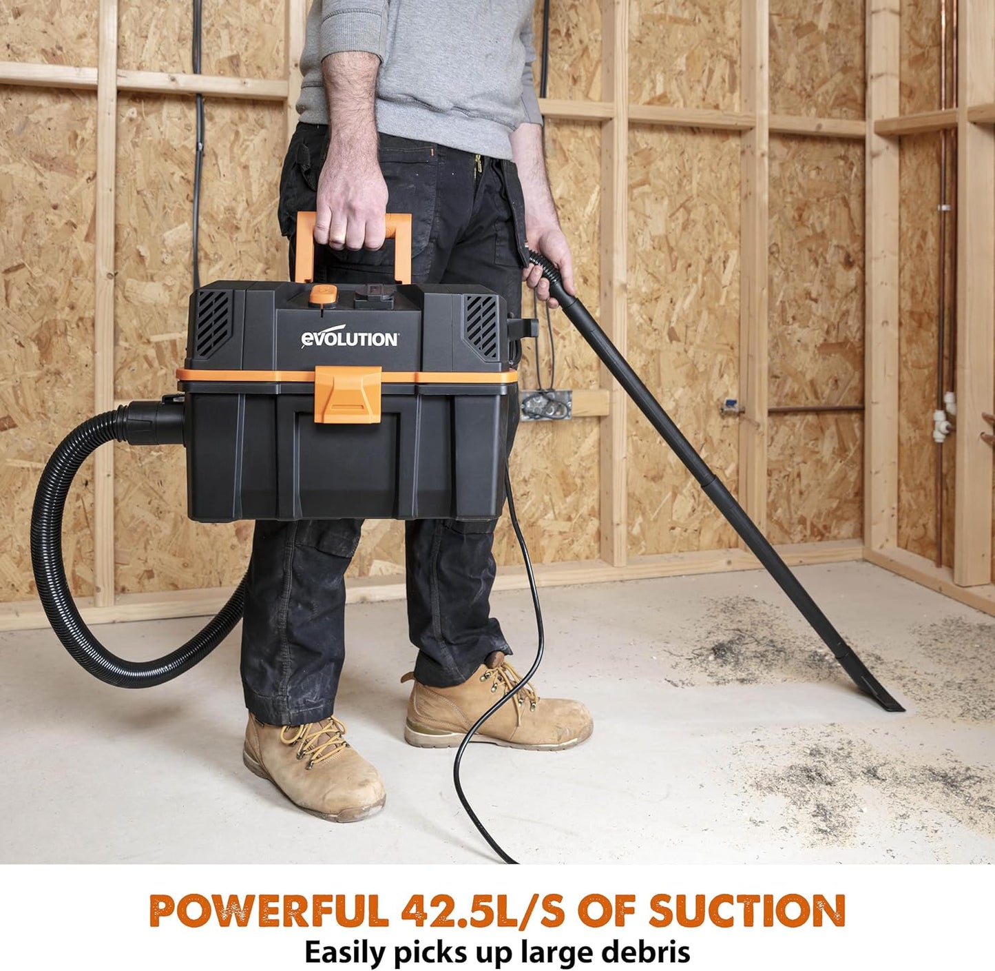 Evolution Power Tools R15VAC Stofzuiger Nat en Droog Vac, Draagbaar en Lichtgewicht Ideale Stofafzuiger voor Zaagsel in Werkplaatsen, Met Power Take-Off, Bedraad, Oranje
