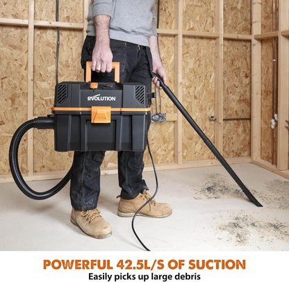 Evolution Power Tools R15VAC Stofzuiger Nat en Droog Vac, Draagbaar en Lichtgewicht Ideale Stofafzuiger voor Zaagsel in Werkplaatsen, Met Power Take-Off, Bedraad, Oranje