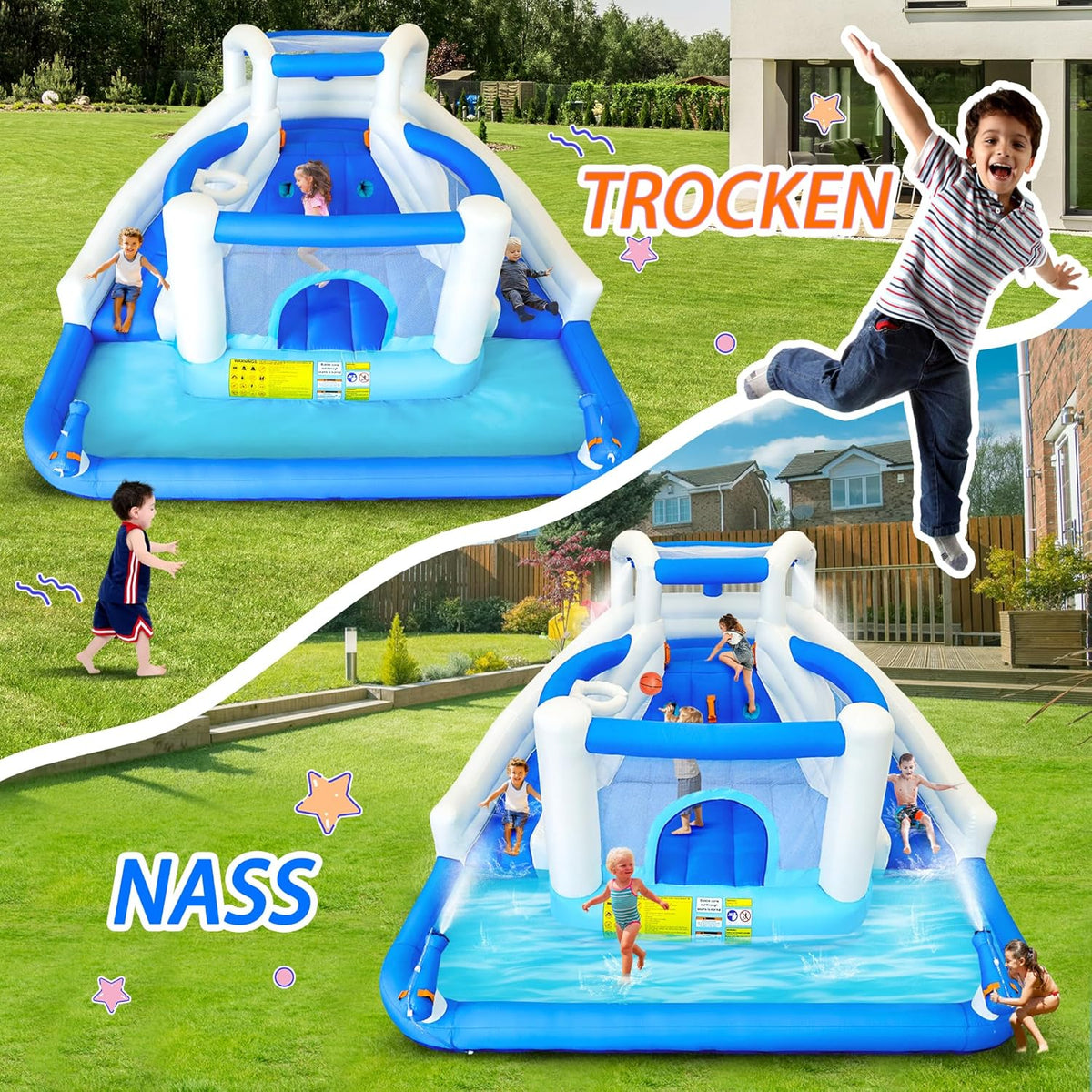Opblaasbaar waterspeelpark, springkasteel met waterglijbaan, trampoline, basketbalkorf en 2 waterpistolen, outdoor springkasteel voor kinderen, geschikt voor tuin en feest - QUORE