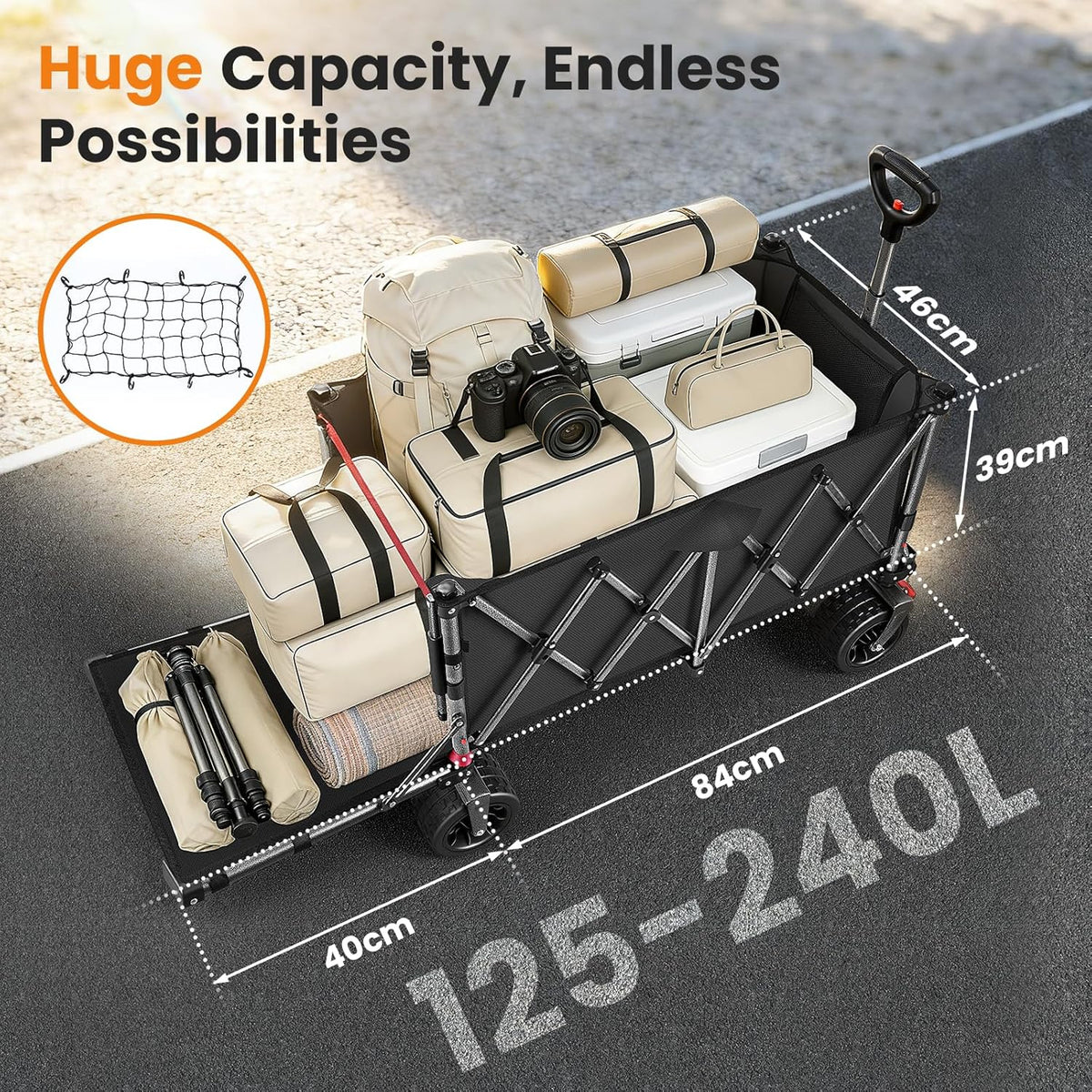 Heavy Duty opvouwbare campingwagenwagen, 120-160L capaciteit all-terrain strandtrolley met 10 inch wielen, inklapbare festival- en tuingereedschapskar