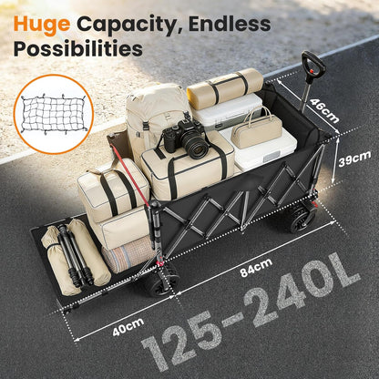 Heavy Duty opvouwbare campingwagenwagen, 120-160L capaciteit all-terrain strandtrolley met 10 inch wielen, inklapbare festival- en tuingereedschapskar