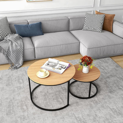 HOJINLINERO Zwarte ronde salontafel set van 2 bijzettafels voor woonkamer, 69,5 x 49 cm industriële stapelen eindtafels, houtlook accentmeubilair met metalen frame eindtafel voor slaapkamerdecoraties,
