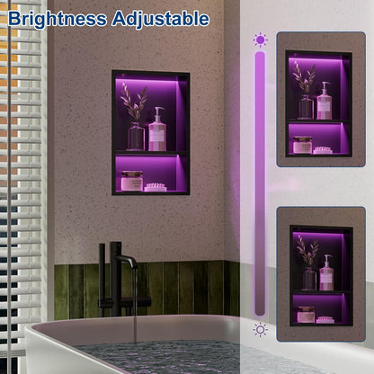 Wanddouche roestvrij staal met RGB ledlicht, dubbele douchebak zwart met afstandsbediening opslag voor badkamer, 45 x 30 cm