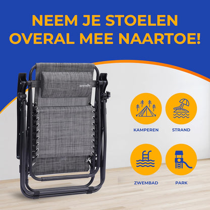 Serenelife Ligstoel, Set van 2 Ligstoelen - Verstelbare Tuinligstoelen met Bijzettafel, 2 Bekerhouders en Afneembare Kussens - Opvouwbare en Draagbare Loungestoelen voor Terras,Tuin,Strand - Antraciet