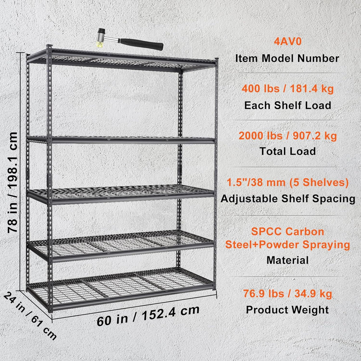 VEVOR Opbergrek, 5-laags verstelbaar, 2000 lbs capaciteit, zware garageplanken metalen organizer draadrek, zwart, 152,4 cm L x 61 cm B x 198 cm H voor keuken voorraadkast kelder badkamer waskast
